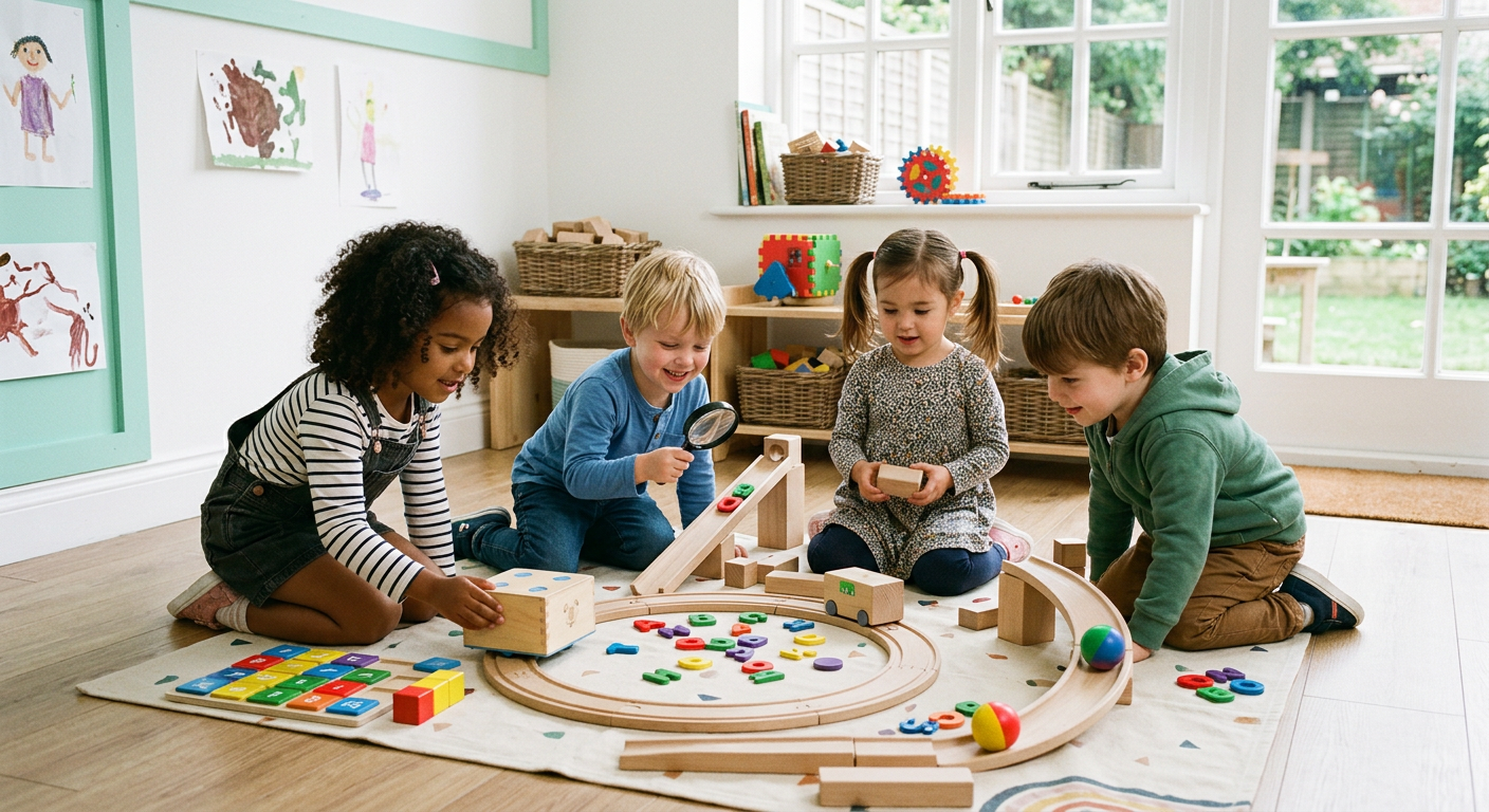 Children exploring a wooden coding robot and ramps in the Innovation Lab